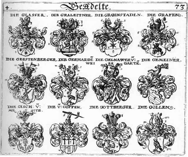Coats of arms of Gelnawer, Gemeiner, Gerstenberg, Gerstenberger, Giffen, Gläffer, Glich, Goll, Gollen, Gottberge, Grabinstaden, Graffen, Graleitner
