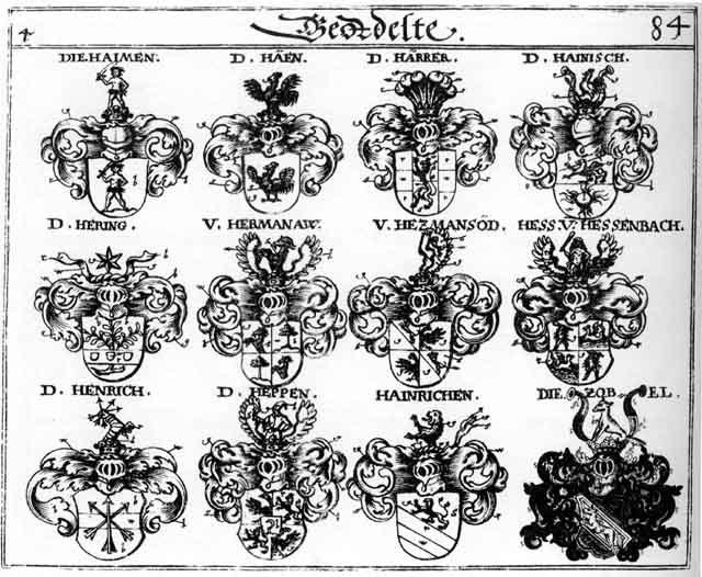 Coats of arms of Haen, Haerrer, Haimen, HainckhofenHainisch, Hainrichen, Härrer, Heime, Heinrichen, Heppen, Hering, Heringen, Hermana, Hermanaw, Hezmansöd, Zobel