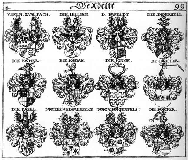 Coats of arms of Imfeld, Inderchell, Jelling, Jeln, Jocher, Jonchier, Jonge, Jordan, Jordaner, Jugel, Juncker, Jung, Jungen
