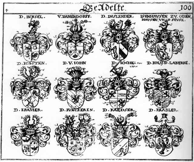 Coats of arms of Cramer, Immendorff, Imslender, Innsel, Isenhausen, Jobsten, Jöchl, Joechl, John, Jolif, Junckeren, Kaedser, Krabler, Kramer