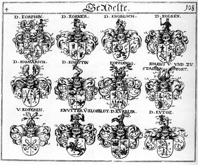 Coats of arms of Knobloch, Knuttet, Kohleys, Kolben, Koleis, Koplenig, Kormarsch, Korner, Korphin, Kostin, Kürbler, Kutge