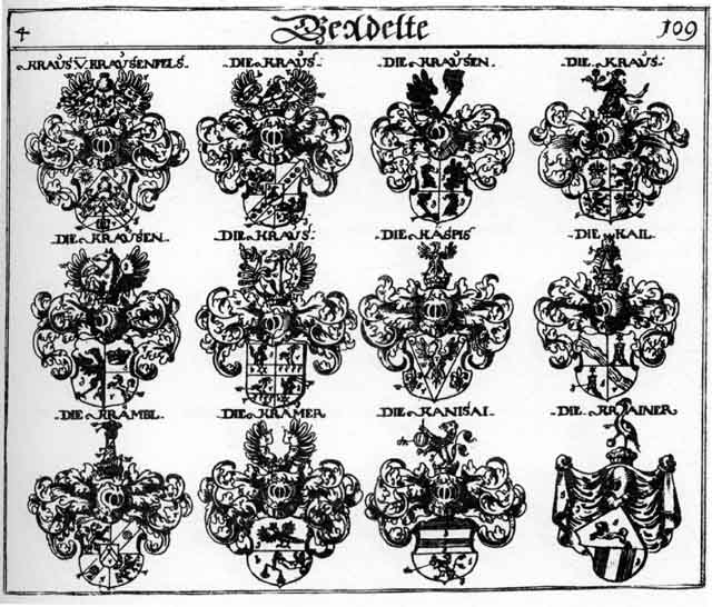 Coats of arms of Crämer, Kail, Kanifai, Kaspis, Keil, Keulen, Krainer, Krämbl, Krämer, Kraus, Krausen, Kremer