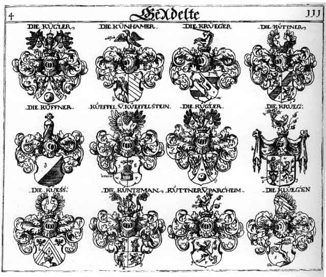 Coats of arms of Hoën, Höhn, Hönen, Kluegen, Klugen, Krueg, Krüeger, Kuchler, Küeffel, Kuess, Küffner, Kugler, Künhamer, Kuntzmann, Kuttner