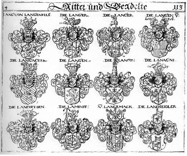 Coats of arms of Laminit, Lanagni, Lancon, Landfeidler, Landschien, Lang, Langacker, Langemack, Langen, Langer, Lendtlin