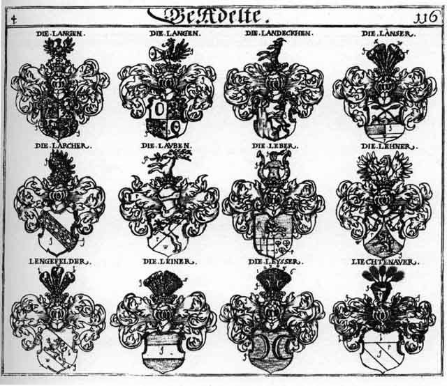 Coats of arms of Laercher, Landeckhen, Lang, Langen, Lanser, Lärcher, Lauben, Leber, Lehner, Leiner, Leisser, Lener, Lengefelder, Lengenfeld, Leysfer, Liechtenau, Liechtenauer, Sommern