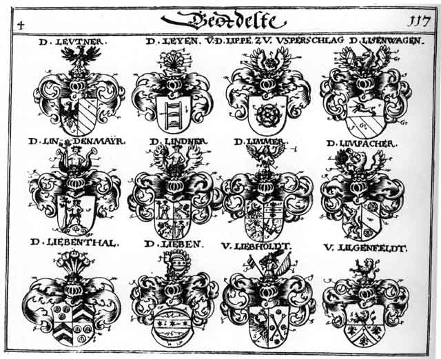 Coats of arms of Leutner, Lieben, Liebenthal, Liebholdt, Lilgenfeldt, Limmer, Limpacher, Lindener, Lindenmayr, Lindner, Lisenwagen, V der Lippe