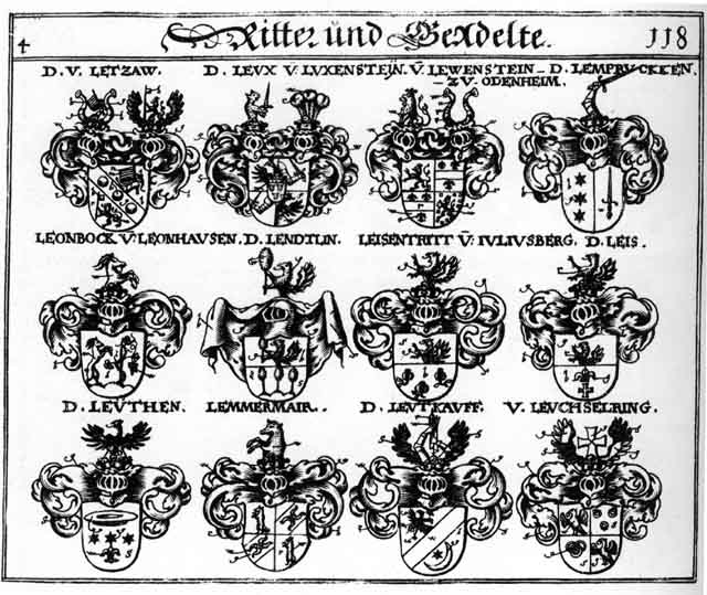 Coats of arms of Leis, Leisentritt, Lemmermair, Lempruckhen, Leonbock, Letzaw, Leuchselring, Leuthen, Leutkauff, Leux, Lewenstein, Lowenstein