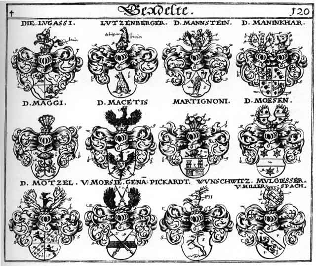 Coats of arms of Lugalsi, Lutzenberger, Macetis, Maggi, Maninckhar, Mannstein, Martignoni, Moesen, Morsie, Motzel, Mülgieffer, Pickardt, Wunschwitz