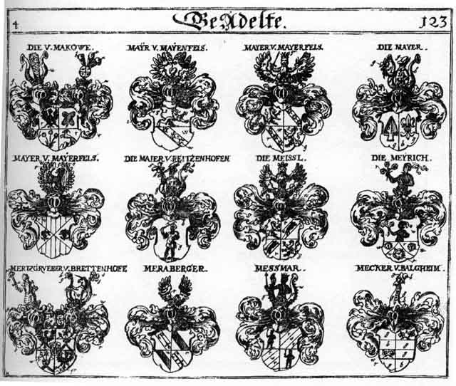 Coats of arms of Bergen, Berger, Mair, Majer, Makowe, Mayer, Mayr, Mecker, Meckern, Meier, Meissl, Mejer, Mekern, Mertzgruber, Mesomaer, Meusel, Meyrich, Nefen, Perger