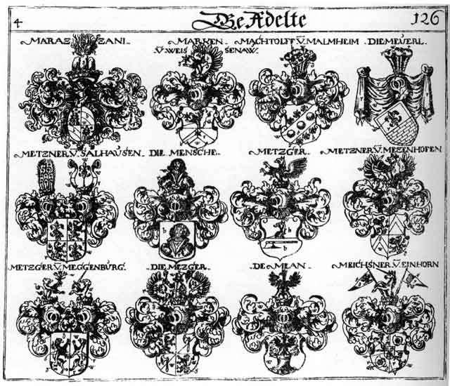 Coats of arms of Machtolff, Marazzani, Marxen, Mean, Meichsner, Mensche, Metzger, Metzner, Meuerl, Mezger