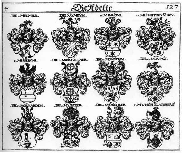 Coats of arms of Melmier, Meyh, Mingoni, Miseritzen, Misseroni, Monjau, Monstein, Morharden, Mosmüller, Mürtzer, Muschler