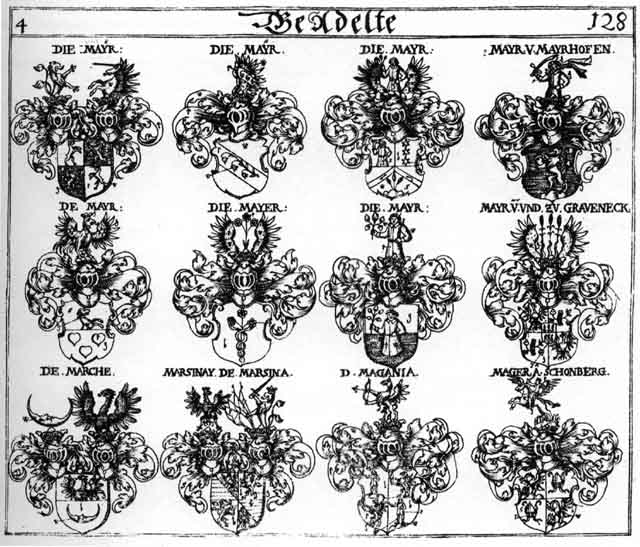Coats of arms of Maegania, Mager, Mair, Majer, Marche, Marsinay, Mayer, Mayr, Meier, Mejer, Meraberger