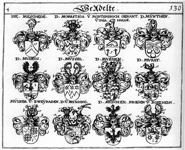 Coats of arms of Meschede, Montenbroch, Morastiga, Muegen, Muehrn, Mügen, Mulerdi, Mülfedi, Müller, Müllner, Multedi, Munding, Murat, Muschen, Müssel, Mylner