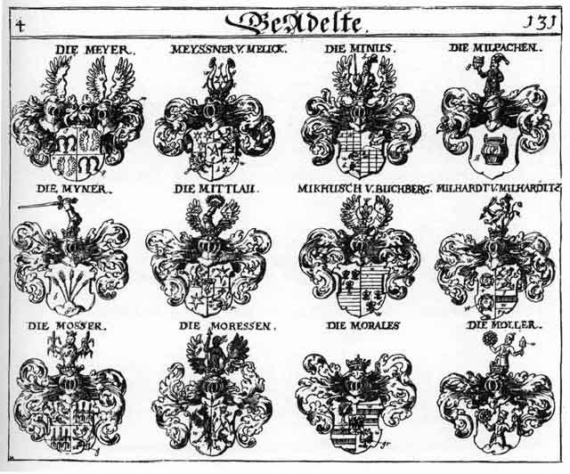Coats of arms of Majer, Mejer, Mevssner, Meyer, Mickrutsch, Milhardt, Miner, Minus, Mittlau, Moller, Morales, Moressen, Moser, Mosser, Myner