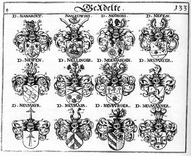 Coats of arms of Nanarckt, Nankowsky, Negroni, Neidhardt, Neidhardten, Nellinger, Neuburger, Neuenburger, Neumair, Neumann, Neumanner, Neumar, Neumayr, Newen, Neydhart