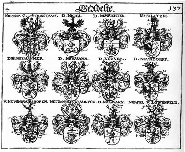 Coats of arms of Nalmann, Nesmanner, Nessel, Netzanski, Neuenmairshofen, Neumann, Neumanner, Neundorff, Neundorffer, Neuner, Nezanski, Nichy, Niesser, Nimrichten, Notolitzky