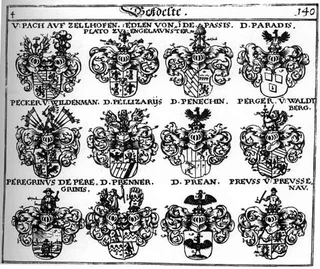 Coats of arms of Bäch, Becker, Bergen, Berger, Brenner, de Pellizariis, Pach, Paradys, Pastis, Pecker, Penechin, Peregrini, Perger, Platho, Plato, Prean, Prenner, Preus, Preusen
