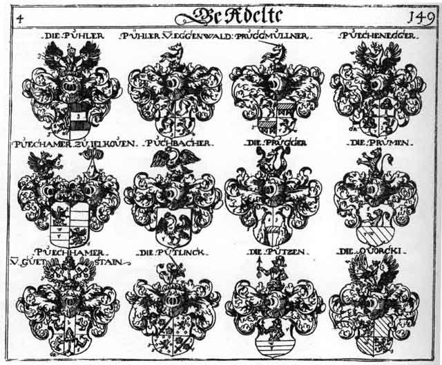 Coats of arms of Brugger, Butlinckm Puttling, Prugger, Pruggmüllner, Prumen, Puchbacher, Puechamer, Puechenegger, Pueheler, Pühler, Putkammer, Putzen, Puzen, Quorcki
