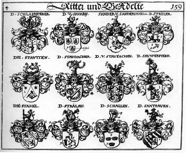 Coats of arms of Sander, Santpaurn, Sauwerpiern, Savarii, Schall, Schallen, Schaller, Schlairweber, Stahel, Stauden, Stauffacher, Stautten, Stralau, Straler