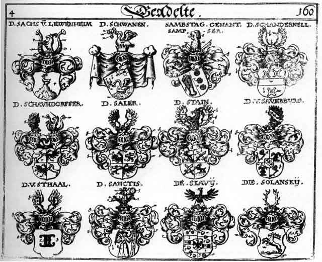 Coats of arms of Sachs, Sachsen, Saler, Salern, Sambstag, Samper, Sanctis, Sauerburg, Schandernell, Schaundorffer, Skavil, Solansky, Staal, Stain, Stein, Sthaal