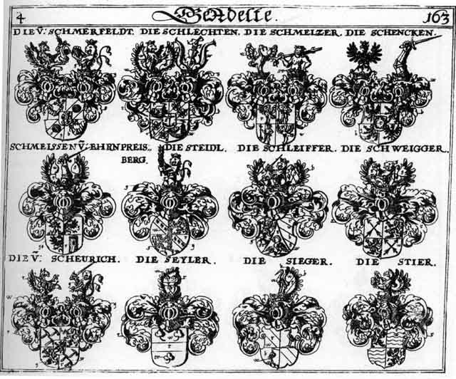 Coats of arms of Scheurich, Schlechten, Schleiffer, Schmeissen, Schmeltzer, Schmerseldt, Schweigger, Seyler, Sieger, Staidl, Stier