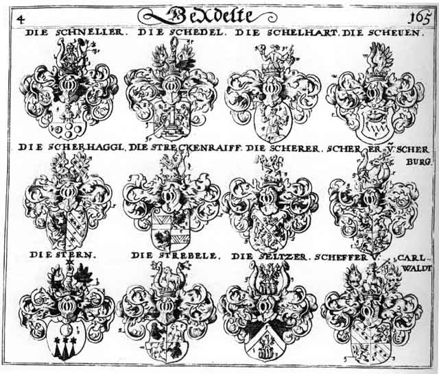 Coats of arms of Schedel, Schedl, Scheffer, Scherer, Scherhaggel, Scheuen, Seltzer, Stern, Strebele, Streckenraiff