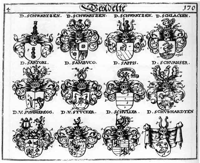 Coats of arms of Sambuco, Sappis, Sartori, Schlacken, Schuanser, Schubhardten, Schueller, Schuler, Schuller, Schwanser, Schwartz, Schwartzen, Stucker, Summeregg