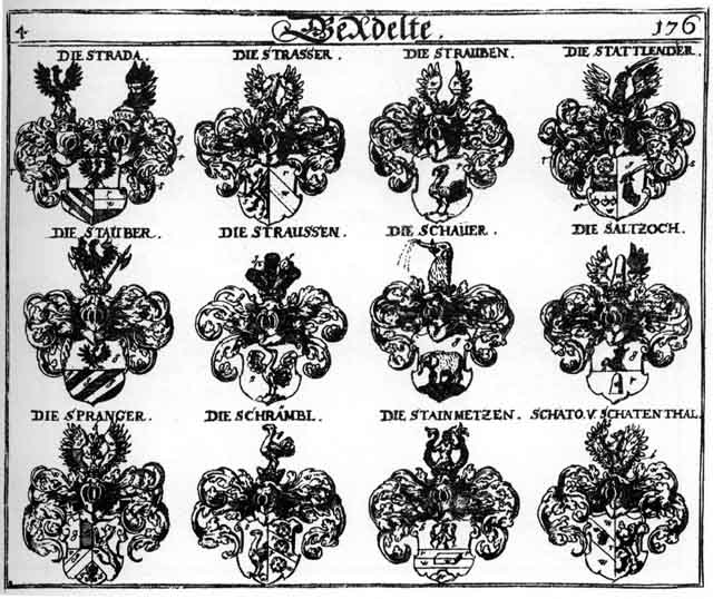 Coats of arms of Saltzoch, Schato, Schauer, Schrambl, Spranger, Stainmetzen, Stattländer, Stauber, Strada, Strasser, Strauben, Straussen