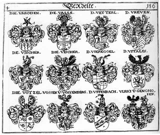 Coats of arms of Fischer, Folckenschweil, Uffebach, Ulricht, Ureven, Vahrode, Valle, Varoden, Vetterl, Viereggel, Viescher, Vischer, Vos, Vossen