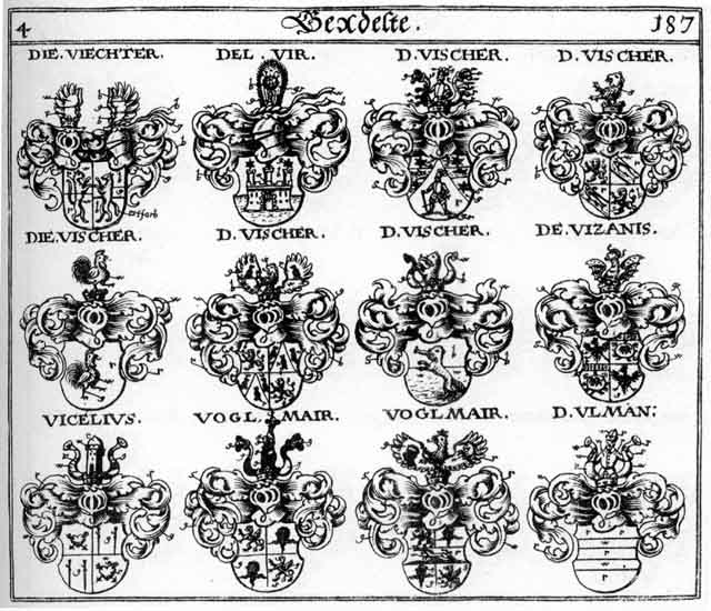 Coats of arms of del Vir, Delvir, Fischer, Ulmann, Vicelius, Viechter, Viescher, Vischer, Vizanis, Voglmair