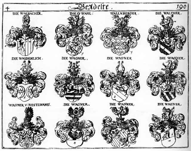 Coats of arms of Wagner, Wahl, Wahlen, Waidenlich, Walbacher, Wallnberger, Walter, Walther