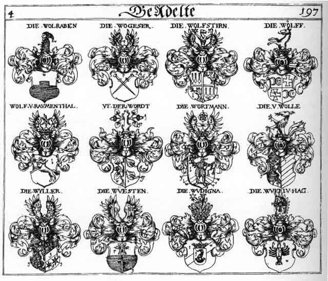 Coats of arms of Willer, Wogeser, Wölff, Wölffen, Wolffstirn, Wolle, Wolrab, Wolraben, Wordt, Wortmann, Wudigna, Wueri, Wüesten, Wyller
