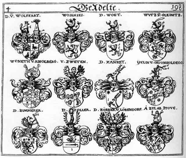 Coats of arms of Wöet, Woiensky, Wolfart, Wolffart, Woneth, Wutz, Xanrey, Yelin, Zimmerer, Zoller, Zörner, Zweten, Zyl ab Hove
