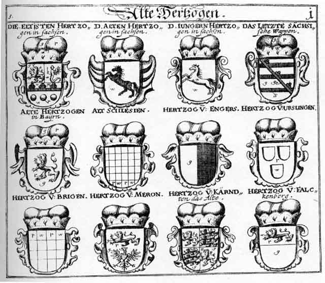 Coats of arms of Bayrn HF, Brigen HF, Brüg HF, Engers HF, Falckenberg Fürst, Kaerndten FH, Kärndten HF, Lignitz HF, Schlesien HF, Urslingen HF, Wachingen, Wacholter