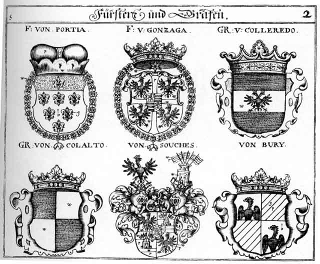 Coats of arms of Bury, Collatto, Colleredo, Coloredo, Gonzaga FH, Lilgen, Linpruner, Löwenstern FH, Portia HF, Souches