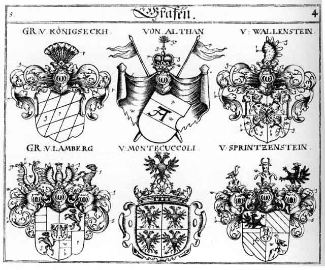 Coats of arms of Althann, Koenigseckh, Königseckh, Künigsegk, Lamberg, Lamperg, Montecuccoli, Sprintzenstein, Wallenstein