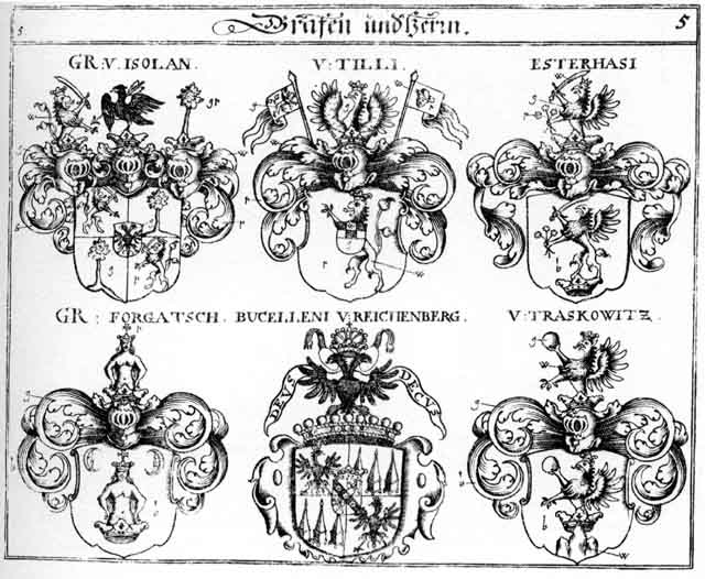 Coats of arms of Brahe, Bucellini, Esterhasi, Forgatsch, Isolan, Löwenstern FH, Tilli, Traskowitz