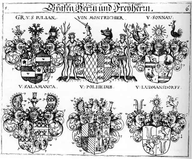 Coats of arms of Beblentz, Bellentz, Ceckra, Glattbach, Gurck, Hardung, Juliani, Launag, Ludmansdorff, Montrichter, Pölheimb, Salamanca, Sonau, Sonnau