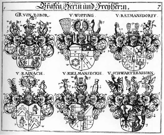 Coats of arms of Kielmannseck, Ratmansdorf, Schwartzenhorn, Schwartzhorn, Wopping, Zobor