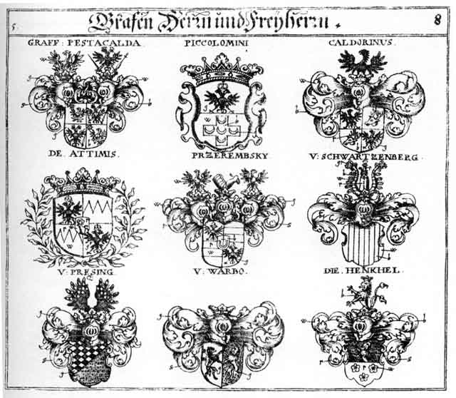 Coats of arms of Attimis, Caldorinus, Henckel HF, Pestacalda, Piccolomini, Przerembsky, Warbo