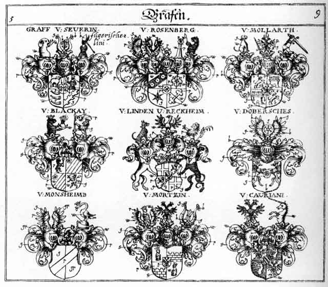 Coats of arms of Blackag, Caurlani, Dobersches, Linden, Mollarth, Monsheimb, Rosenberg, Severin