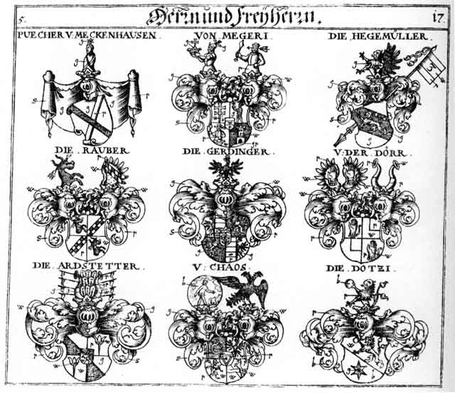 Coats of arms of Ardstetter FH, Chaos FH, Dörr FH, Dotzi, Gerdinger FH, Hegemüller FH, Megeri FH, Rauber, Reuber