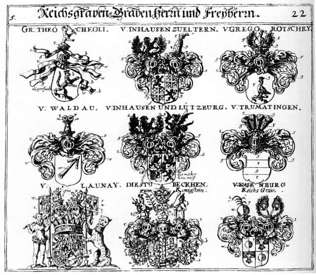 Coats of arms of Gregorotschky FH, Inhausen FH, Khüenburg, Kienburg, Küenburg, Launag, Lutzburg, Stubeckhen, Stubeckhen FH, Stubickhen FH, Theocheoli, Trumatingen FH, Waldau FH