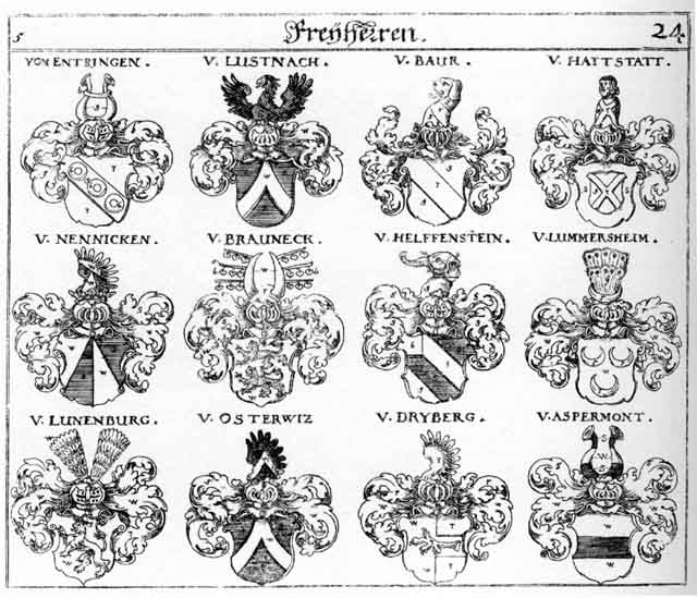 Coats of arms of Aspermont FH, Baur FH, Brauneck FH, Dryberg FH, Entringen FH, Hattstatt FH, Helfenstein FH, Lummersheim FH, Lunenburg FH, Lustnach FH, Nenniekcn FH, Osterwitz FH