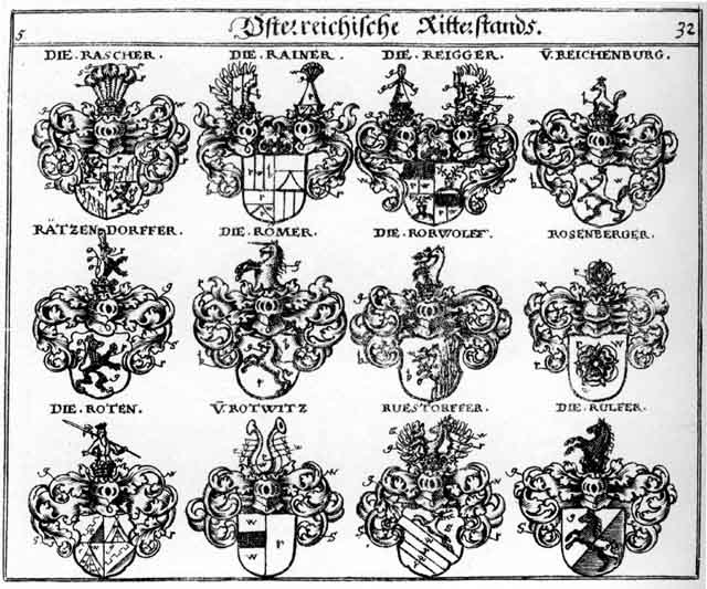 Coats of arms of Raetzendörffer, Rainer, Rascher, Rätzendorffer, Rayner, Reichenburg, Reigger, Roden, Rodt, Roemer, Römer, Rorwolff, Rosenberg, Rosenberger, Roten, Rothen, Rotwitz, Ruestorffer, Rulser