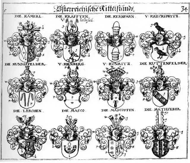 Coats of arms of Kaemerl, Kämmerl, Kernparn, Kienberg, Koenritz, Königsfeld, Könritz, Krafft, Krafften, Krechwitz, Kunigsfelder, Kuttenfelder, Lerch, Lerchen, Maescoffen, Maschko, Masco, Mathseber