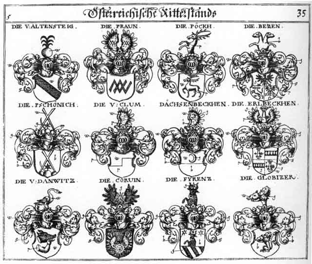 Coats of arms of Altensteig, Betzlen, Braun, Clum, Cluver, Corvin, Dachsenbeckhen, Danewitz, Dannwitz, Erlbecken, Fyrenz, Klum, Petzen, Pezzen, Pock, Poeck, Praun, Praunen, Pschönich, Tannwitz