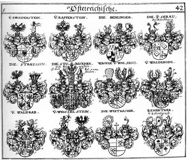 Coats of arms of Phundenstein, Prundenstein, Raffenstein, Rehlinger, Serau, Straussen, Stubeckhen, Waegele, Wagele, Walderode, Waldrab, Walrab, Weisselstein, Weitracher