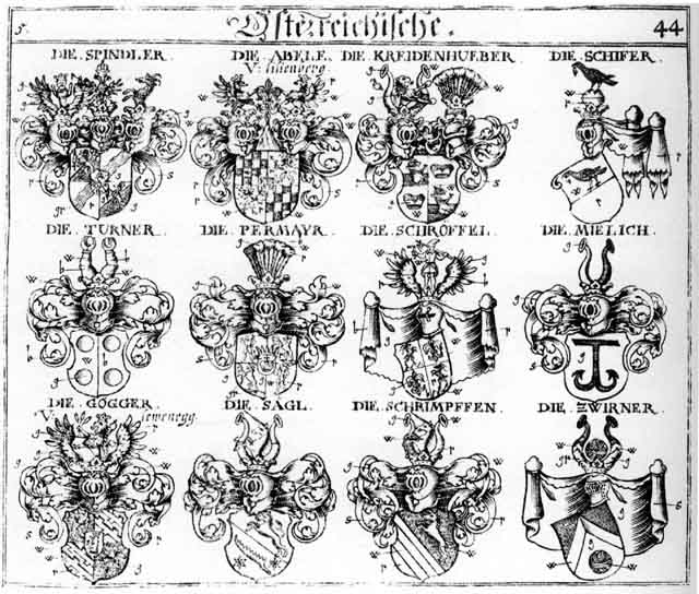 Coats of arms of Abele, Durner, Goegger, Gögger, Kreidenhueber, Mielich, Muelich, Permayr, Saegl, Sägl, Schifer, Schiffer, Schrimpfen, Schröffel, Schrümpfen, Spindler, Turner, Zwirner