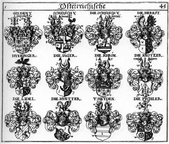 Coats of arms of Golden, Goldten, Haiden, Heiden, Herbst, Herbsten, Heyden, Huebinger, Hüetter, Hutter, Jaeger, Khrön, Knotzer, Lidel, Püchler, Pychler